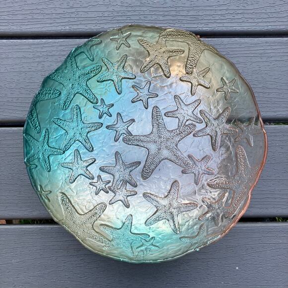 Large glass ombre starfish etched decorative bowl, mermaid fisherman nautical - Picture 1 of 12
